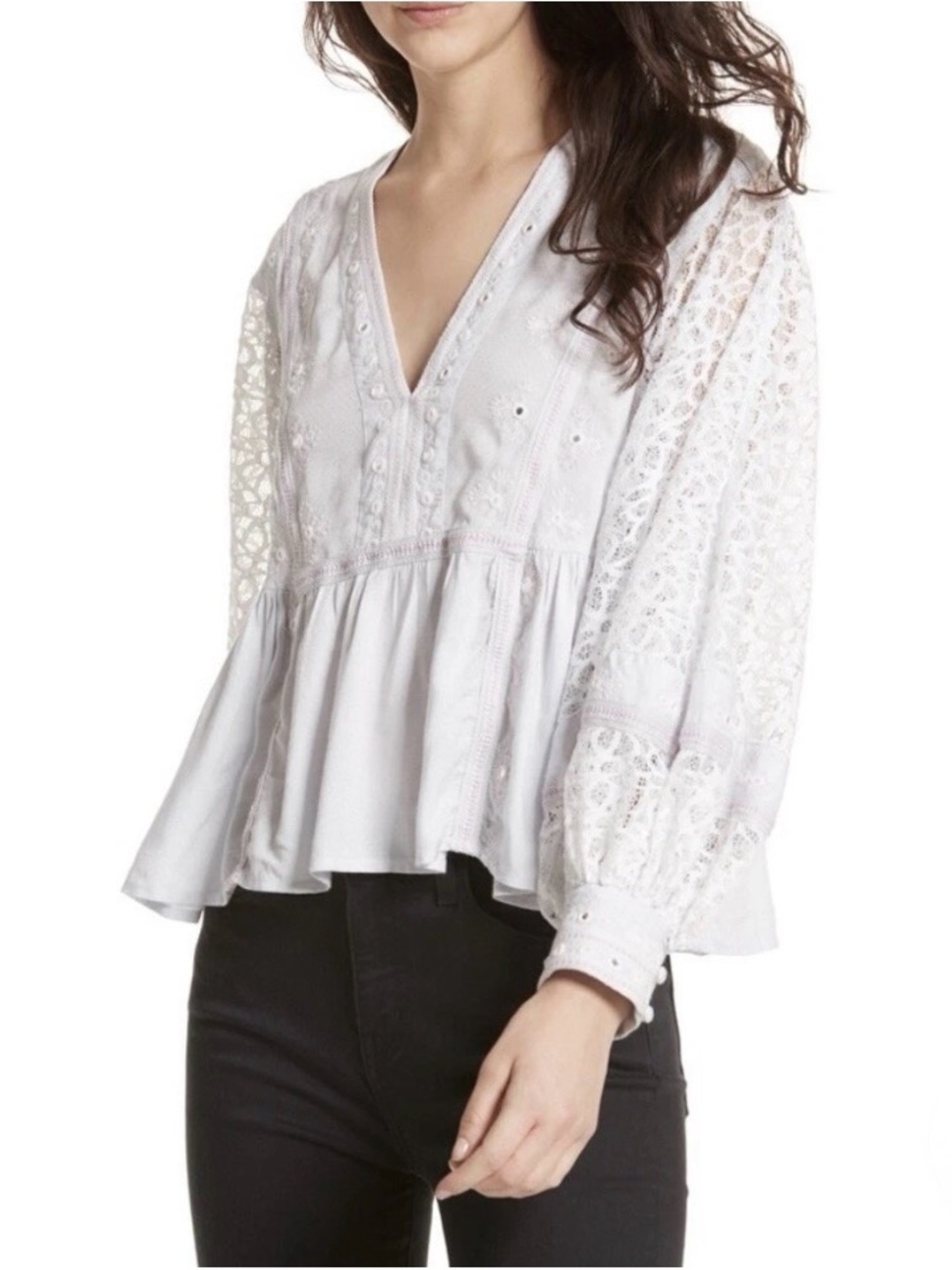 Free People Boogie All Night Light Grey Eyelet Lace Peplum V-Neck Blouse